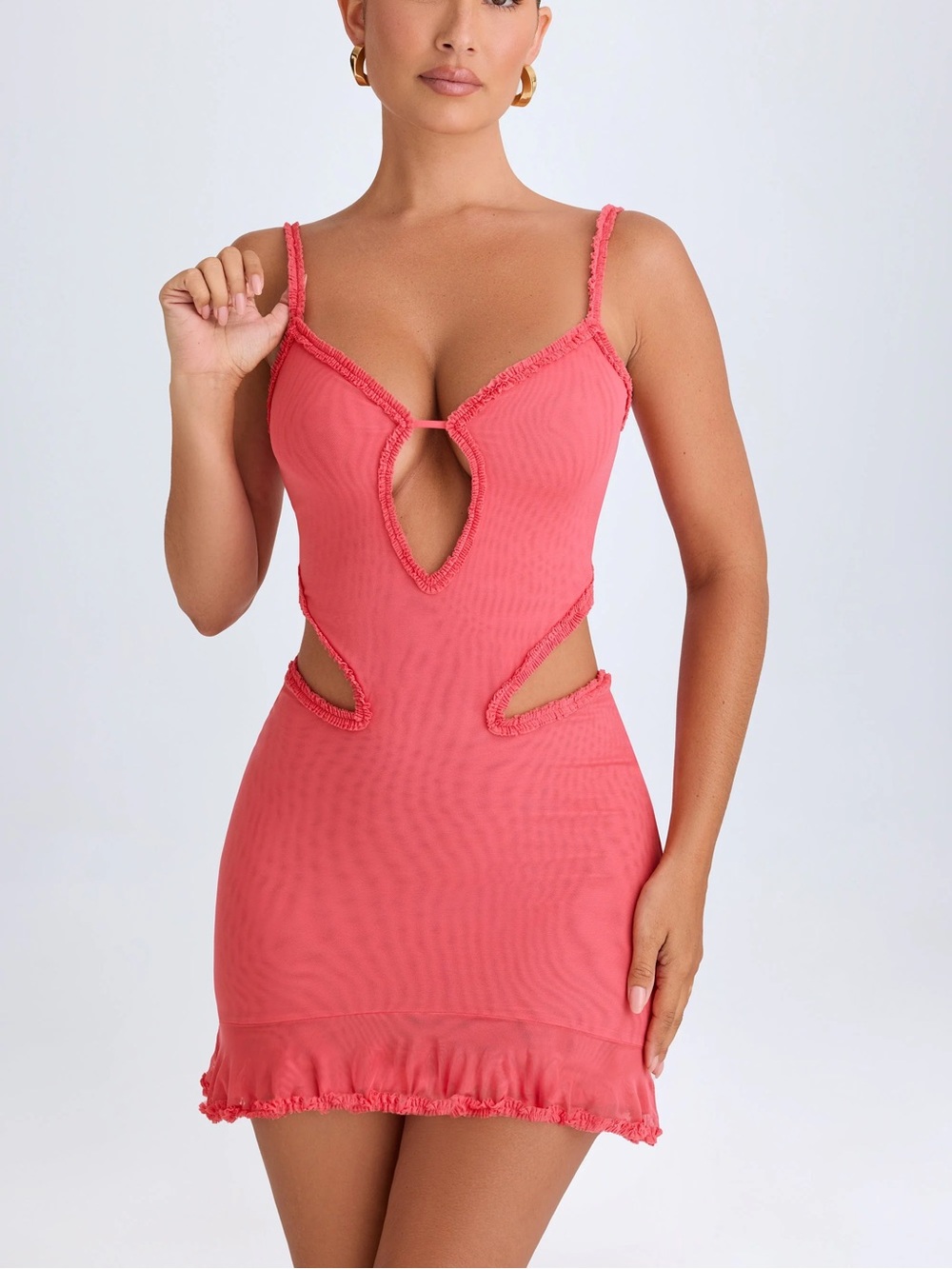 OH POLLY Ruffle-Appliqué Cut-Out Mini Dress in Coral